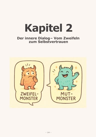 Zwei Monster, eines orange und das andere grün, symbolisieren Zweifel und Mut.