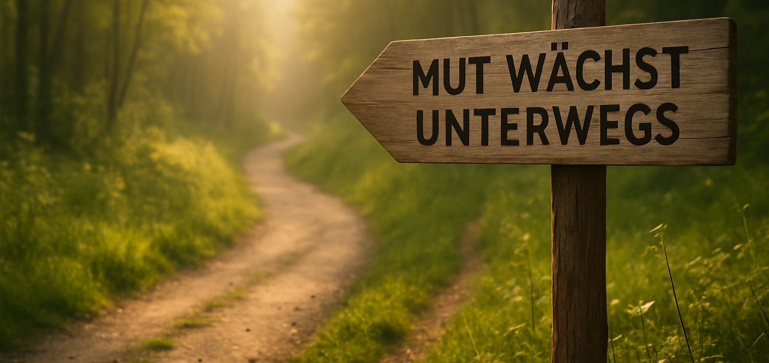 Waldlandschaft mit einem Schild "Neustart" und dem Text über Neuanfänge ab 50.