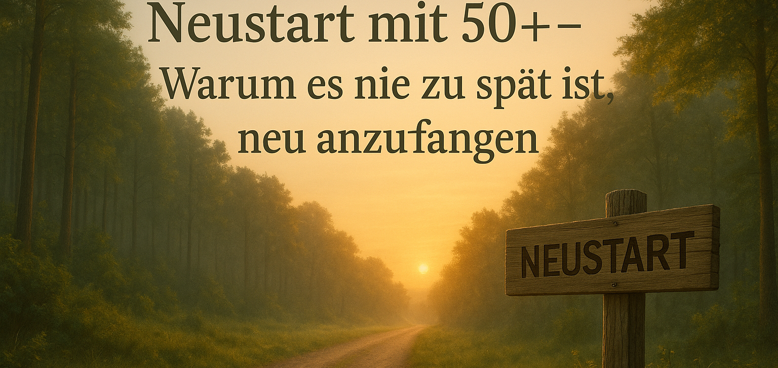 Waldlandschaft mit einem Schild "Neustart" und dem Text über Neuanfänge ab 50.